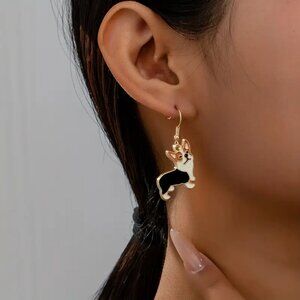 Corgi Dog Dangle Earrings Enamel 1.77 Inch Drop Fish Hook White Black Tan New